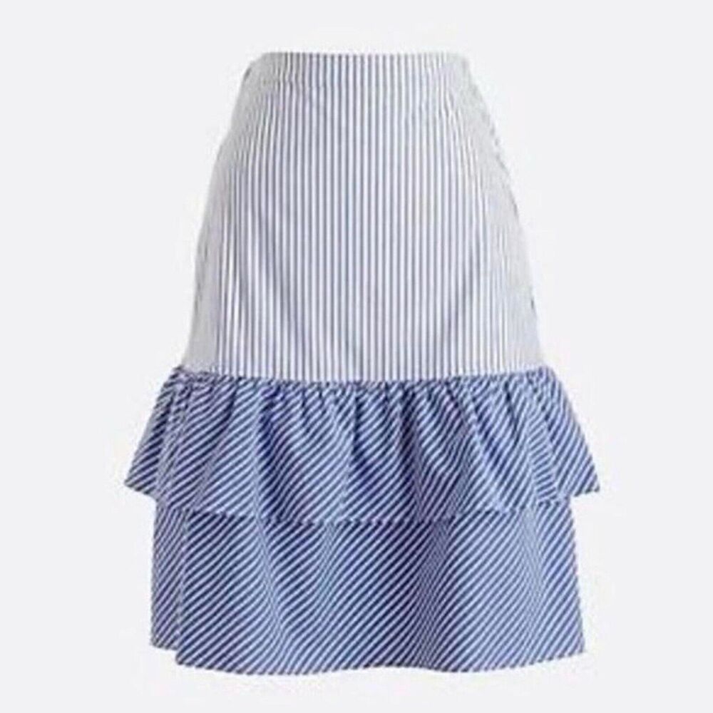 J Crew Skirt Blue White Stripe Tiered Ruffle Pull On Lined Size 2
